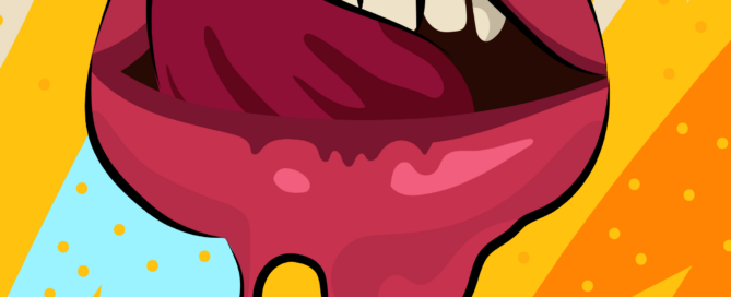 Eine Grafik zeigt einen Mund, dessen Zunge sich die Lippen leckt.