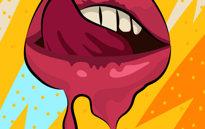 Eine Grafik zeigt einen Mund, dessen Zunge sich die Lippen leckt.